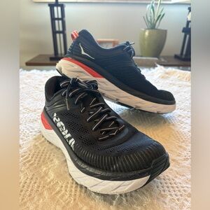 Hoka Womens Bondi 7 Shoes Navy Blue with White & Orange-Red Accents Size 8